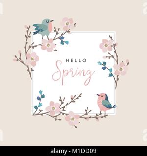 Hello spring greeting card, invitation with cute hand drawn birds and cherry tree branches with pink blossoms. Easter concept. Vector illustration background. Stock Vector