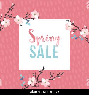Spring sale poster with blossoming cherry tree branches. Seasonal business concept. Vector illustration backgrouns. Flat design. Stock Vector