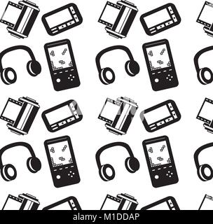 seamless pattern retro vintage video game headphones pager roll photo Stock Vector