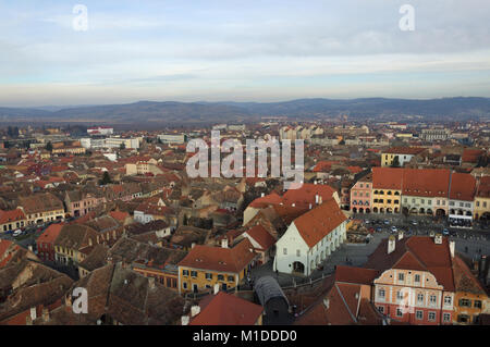 View of Sibiu, Piata Mica and Bridge of lies Stock Photo
