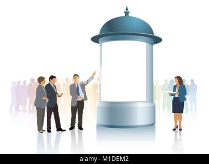 People are standing next to an advertising column and looking at the poster. Stock Vector