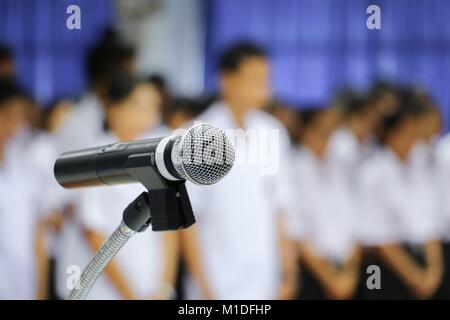 microphone on stand Close up in conference room :Select focus with shallow depth of field. Stock Photo