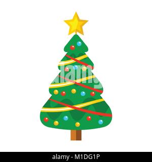 Cartoon Christmas Tree Fully Decorated Vector Graphic Illustration Sign Symbol Design Stock Vector