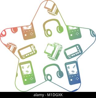 label shape star retro video game headphones pager roll photo vector illustration color texture gradient Stock Vector