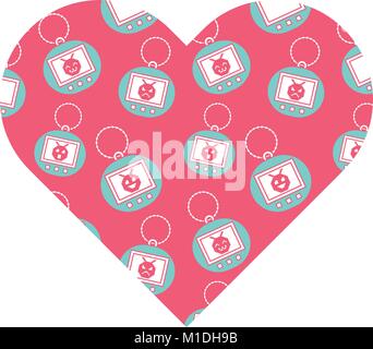 pattern shape heart with toy vintage tamagotchi vector illustration pink background Stock Vector