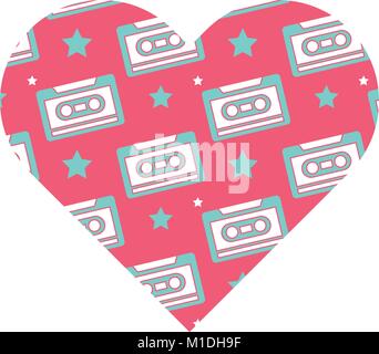 pattern shape heart with retro cassette tape recorder vector illustration pink background Stock Vector