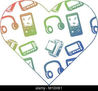 pattern shape heart with video game headphones retro vector illustration color gradient texture Stock Vector