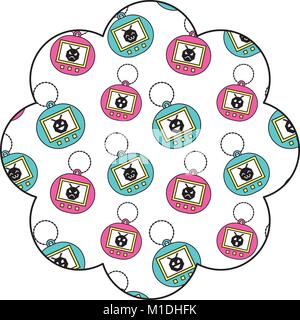 flower pattern shape label with tamagotchi toy game vector illustration Stock Vector