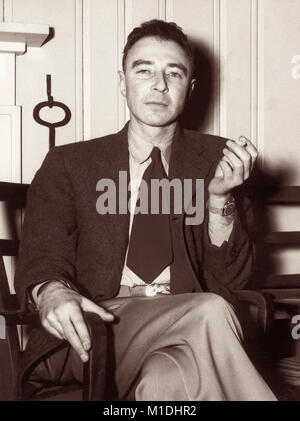 J. Robert Oppenheimer (1904–1967) was an American theoretical physicist and participant in the Manhattan Project's development of the atomic bomb during World War II as wartime head of the Los Alamos Laboratory in New Mexico. Oppenheimer is pictured here at the Guest House (Alexander Inn) at Oak Ridge, Tennessee in a photograph by Ed Wescott on February 14, 1946. Stock Photo