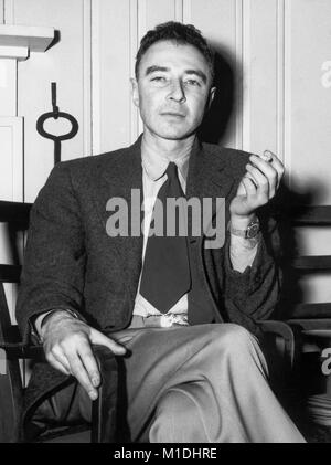 J. Robert Oppenheimer (1904–1967) was an American theoretical physicist and participant in the Manhattan Project's development of the atomic bomb during World War II as wartime head of the Los Alamos Laboratory in New Mexico. Oppenheimer is pictured here at the Guest House (Alexander Inn) at Oak Ridge, Tennessee in a photograph by Ed Wescott on February 14, 1946. Stock Photo