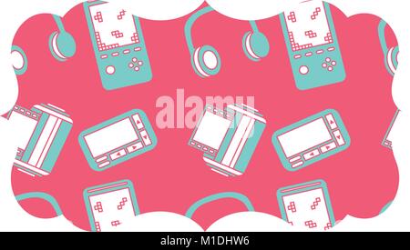 sticker retro video game and headphones vector illustration pink background Stock Vector
