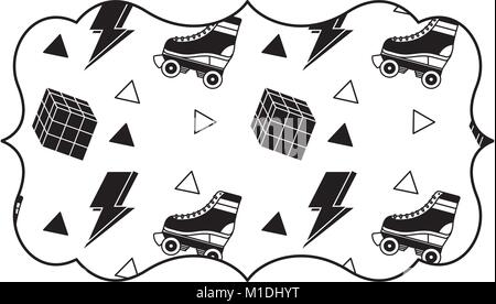 sticker retro roller skate and rubik cube memphis vector illustration black image design Stock Vector