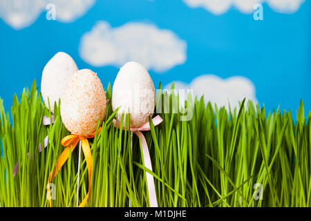 Easter still life with green grass and Easter eggs against the sky. Happy Easter. Easter greeting card. Stock Photo