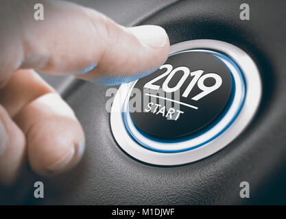 Finger pressing a 2019 start button. Concept of new year, two thousand nineteen. Composite between a photography and a 3D background Stock Photo