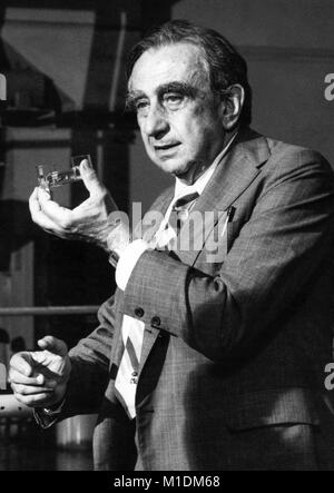 Dr. Edward Teller (1908–2003) was a Hungarian-American theoretical physicist involved in the Manhattan Project and commonly known as, 'the father of the hydrogen bomb.' This photograph by Frank Hoffman of the DOE shows Teller at the Clinch River Breeder Reactor Plant in Oak Ridge Tennessee on July 20, 1981. Stock Photo