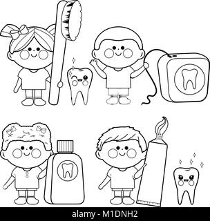 Vector illustration set of children using dental hygiene objects: toothbrush, toothpaste, dental floss, mouth wash, smiling with healthy teeth. Black Stock Vector