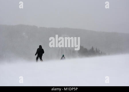 Skiers on a steep snowy slope, stormy weather in the winter mountain, Aleko Ski Resort, Vitosha, Bulgaria Stock Photo