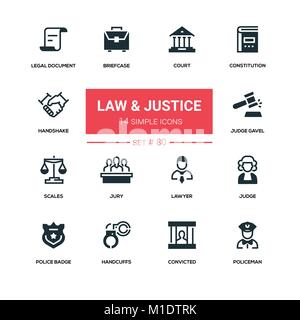 Law and justice - line design silhouette icons set Stock Vector