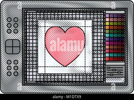 digitizer tablet with colours palette and heart design in colored crayon silhouette Stock Vector