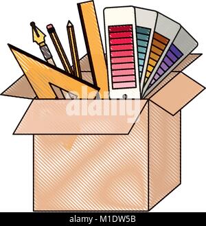 cardboard box with graph design tools in colored crayon silhouette Stock Vector