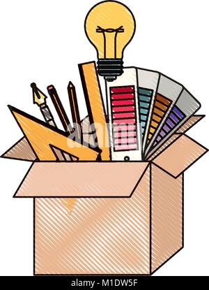 cardboard box with graph design tools creative in colored crayon silhouette Stock Vector