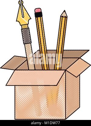 cardboard box with fountain pen and pencils in colored crayon silhouette Stock Vector