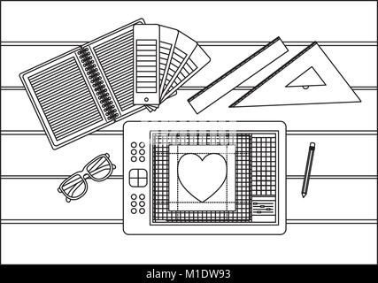 notebook and ruler tools and tablet digitizer over table on top view in black contour Stock Vector