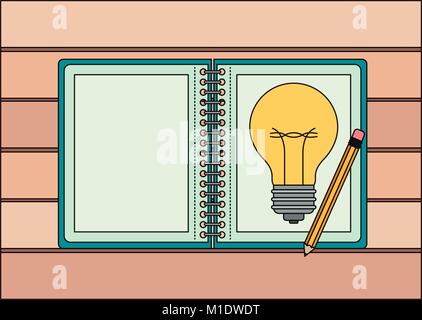 spiral notebook with light bulb in sheet and pencil over desk on top view in watercolor silhouette Stock Vector