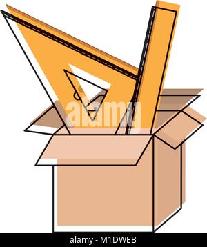 cardboard box and rulers set in watercolor silhouette Stock Vector