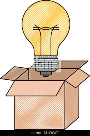 cardboard box and light bulb in colored crayon silhouette Stock Vector