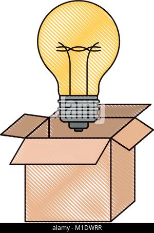 cardboard box and light bulb in colored crayon silhouette Stock Vector