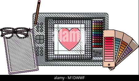 notebook and design tools and tablet digitizer in colored crayon silhouette Stock Vector