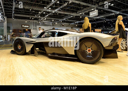 DUBAI, UAE - NOVEMBER 18: The Aston Martin Valkyrie hybrid electric sports car is on Dubai Motor Show 2017 on November 18, 2017 Stock Photo