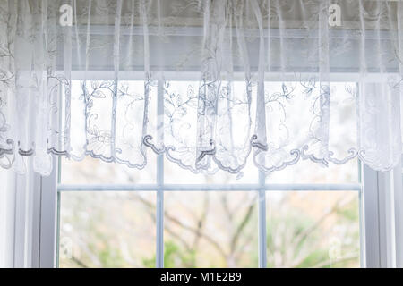 Closeup Of Modern White Lace Curtains With View Through Glass