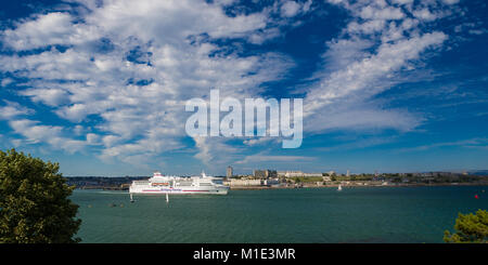 A Car Ferry Leaves Plymouth Sound On A Bright Sunny Day. Stock Photo