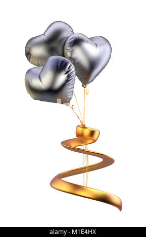 Heart balloons isolated. silver balloons with golden strip isolated on white background. Valentine's day. 3d rendered Stock Photo