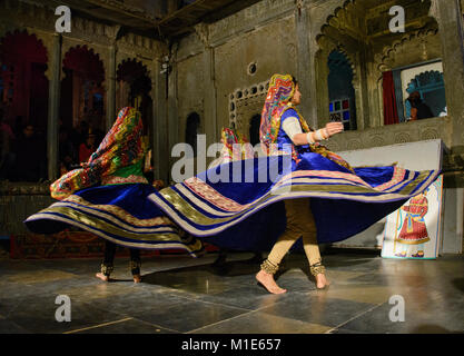 Women performing the traditional veiled Ghoomar dance, Udaipur, Rajasthan, India Stock Photo