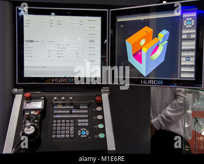 Bangkok, Thailand - November 22, 2017: Monitor and control panel of CNC milling machine in Metalex 2017 Stock Photo