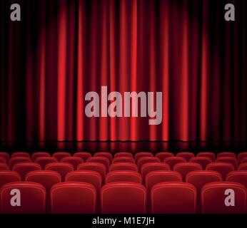 Closed Red Curtains with Seats in a theater or ceremony. Realistic Theater hall, Opera or Cinema Scene for your design. Movie premiere poster. Vector Illustration. Stock Vector