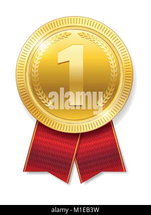 Realistic Gold medal with red ribbons for Winner isolated. Honor prize. Vector illustration Stock Vector