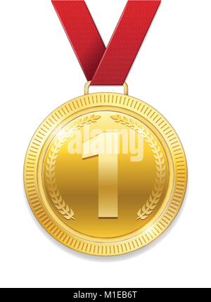 Champion Award gold Medal for sport prize. Shiny medal with red ribbon isolated on white background. Vector illustration Stock Vector