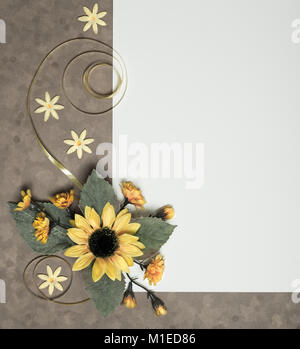 Sunflowers and ribbon ornament around blank paper, tinted image, copy space Stock Photo