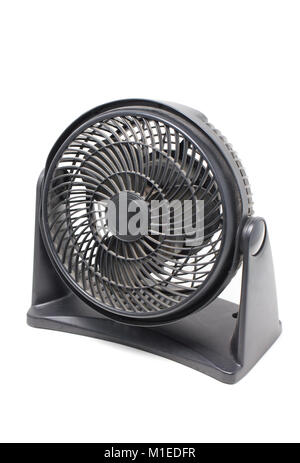 Dusty black motor fan isolated on white. Stock Photo