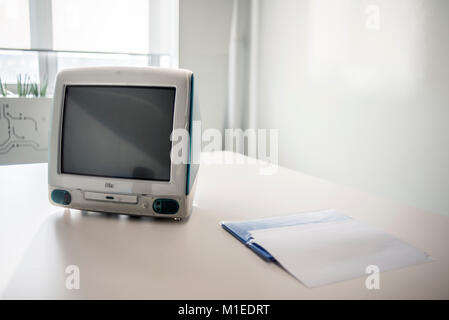 iMac G3, release date August 1998, exhibited at MacPaw's Ukrainian Apple Museum in Kiev, Ukraine on January 26, 2017.. Ukrainian developer MacPaw has opened Apple hardware museum at the company’s office in Kiev. The collection has more than 70 original Macintosh models dated from 1981 to 2017. Stock Photo