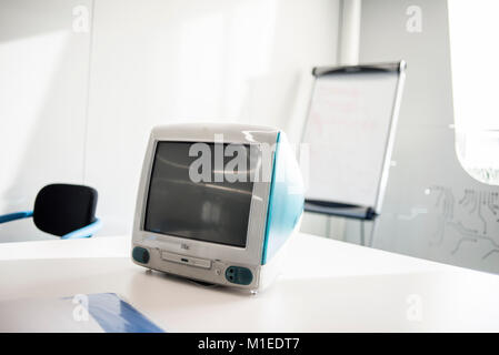 iMac G3, release date August 1998, exhibited at MacPaw's Ukrainian Apple Museum in Kiev, Ukraine on January 26, 2017.. Ukrainian developer MacPaw has opened Apple hardware museum at the company’s office in Kiev. The collection has more than 70 original Macintosh models dated from 1981 to 2017. Stock Photo