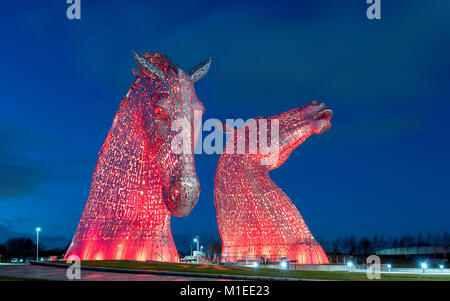 Night view of The Kelpies , large sculptures of horses, at Helix Park in Falkirk, Scotland, united Kingdom Stock Photo