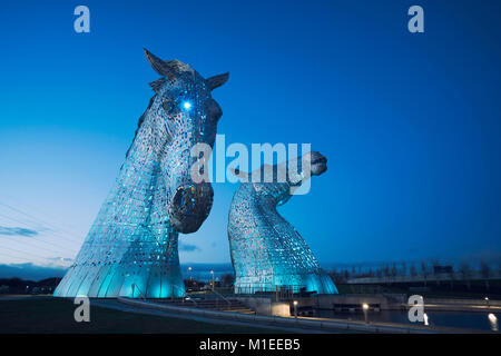 Night view of The Kelpies , large sculptures of horses, at Helix Park in Falkirk, Scotland, united Kingdom Stock Photo