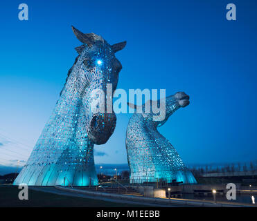 Night view of The Kelpies , large sculptures of horses, at Helix Park in Falkirk, Scotland, united Kingdom Stock Photo