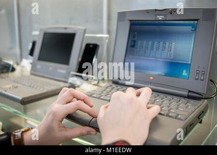 Macintosh PowerBook 520c, release date May 1994, exhibited at MacPaw's Ukrainian Apple Museum in Kiev, Ukraine on January 26, 2017.. Ukrainian developer MacPaw has opened Apple hardware museum at the company’s office in Kiev. The collection has more than 70 original Macintosh models dated from 1981 to 2017. Stock Photo