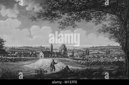 A view of New London from Manwarnings Hill, cloudy sky, hills and buildings, dirt road and two men in the foreground, Connecticut, USA, 1840. From the New York Public Library. () Stock Photo